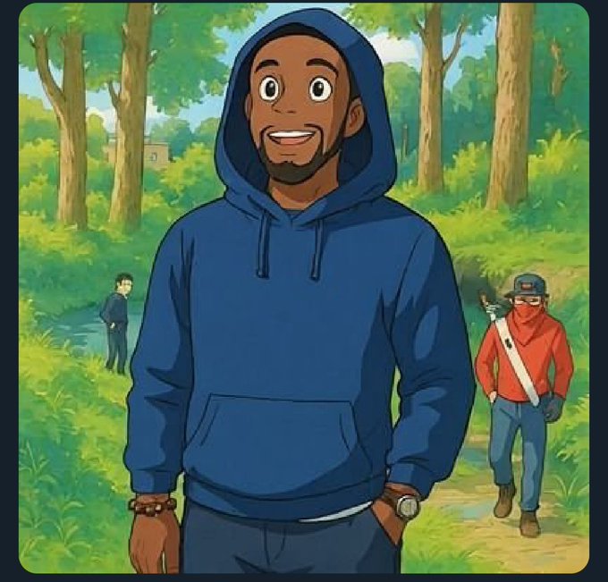The image shows an anime-style illustration of a smiling man wearing a blue hoodie, standing on a forest path with two other figures in the background, fitting the cheerful "good morning" and "$ANSEM" crypto community greeting vibe of the post.