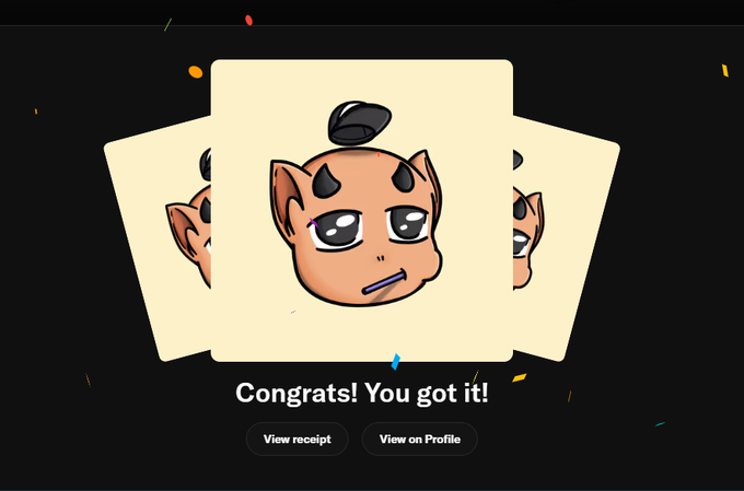 A digital card featuring a cartoon devil character with small horns and a topknot, displayed with the text "Congrats! You got it!" and buttons for "View receipt" and "View on Profile".