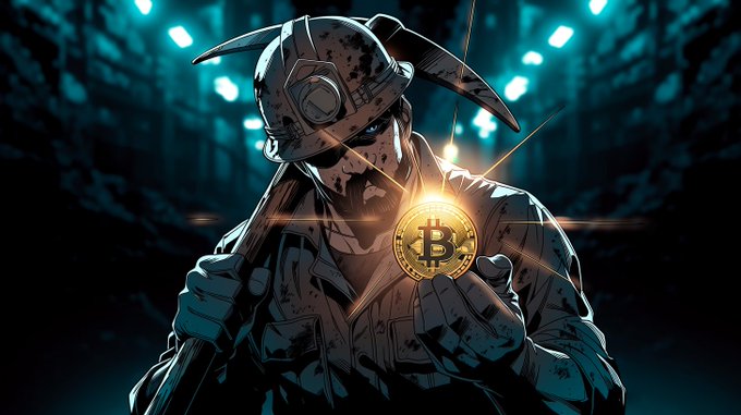 An illustrated soldier wearing a horned helmet holds a glowing golden Bitcoin coin in a dark, cyberpunk-style environment.