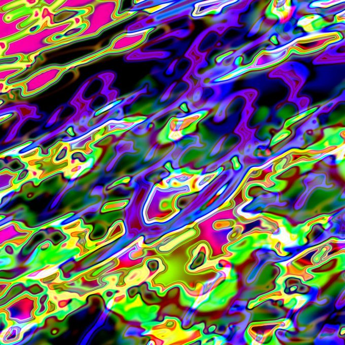 An abstract, highly saturated image featuring swirling, liquid-like patterns in neon green, pink, blue, yellow, and purple.