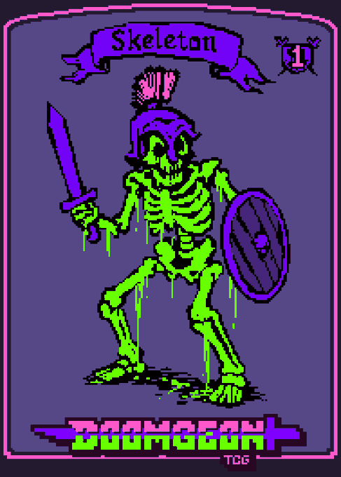 A pixel art trading card titled 'Skeleton' featuring a green skeleton warrior with a purple sword and shield on a purple background, labeled 'DOOMGEAR' with 'TC6' at the bottom.