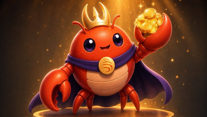 A 3D illustration of a red cartoon crab wearing a gold crown and cape, holding a pile of gold coins.