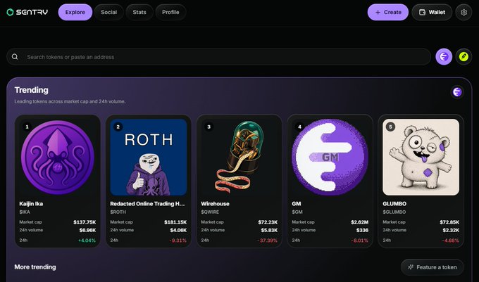 A screenshot of the SENTR.V website displaying a 'Trending' section with tokens including Kaijin Ika ($137.75K), ROTH ($151.15K), Wirehouse ($72.52K), GM ($2.62M), and GLUMBO ($72.58K).