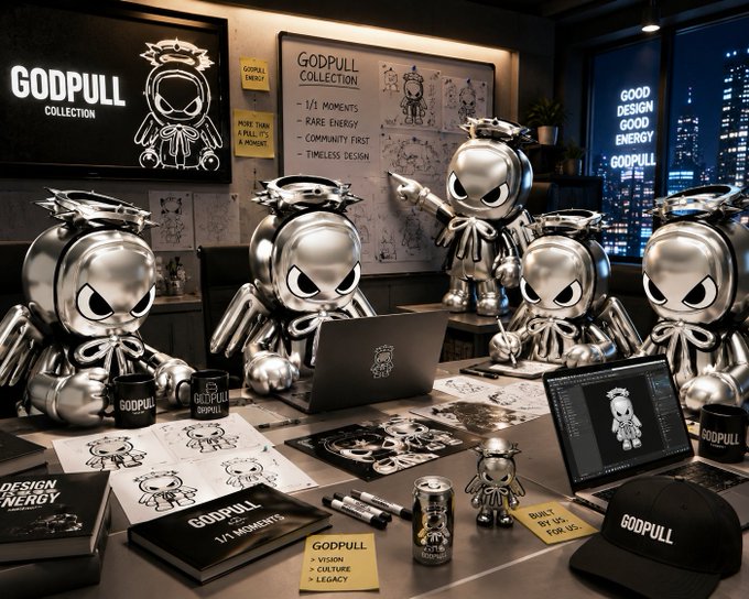 A metallic, stylized display scene featuring chrome-finished 'GODPULL COLLECTION' figurines gathered around a laptop with sketches, sticky notes, branded merchandise, and a city skyline at night.