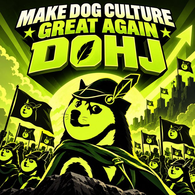 A green-toned poster parodying 'Make America Great Again' reads 'MAKE DOG CULTURE GREAT AGAIN DOHJ' and depicts a dog in a military cap leading an army of dog-headed soldiers with flags.