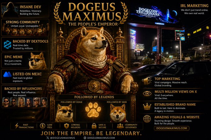 The image features a poster with a dog sitting on a throne, wearing a crown and holding a scepter. The poster also includes information about a website called "doggeus maximimus" that promotes a new emperor for dogs. The text in the image suggests that this website is related to the post about joining the Ethereum blockchain.