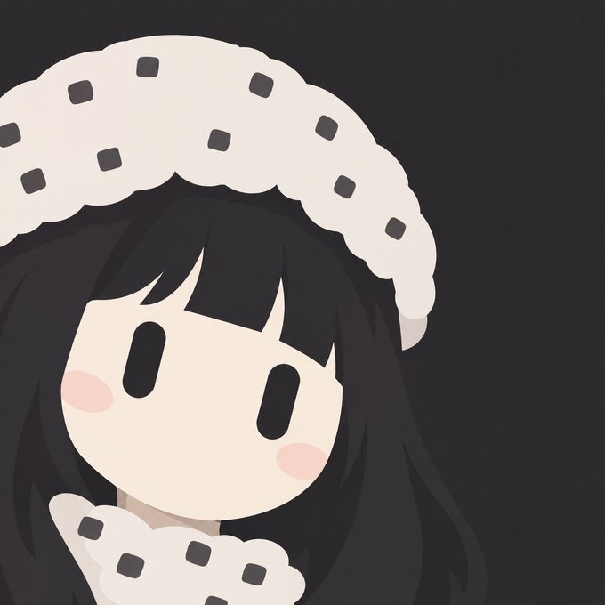 An animated illustration of a girl with long black hair, pink cheeks, and a white beret dotted with black squares.