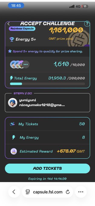 A mobile screenshot of a "Rainbow Capsule" challenge on capsule.fsl.com showing a 1,164,000 GMT prize pool, with the user having 50 tickets, 8 energy, and an estimated reward of +678.07 GMT.