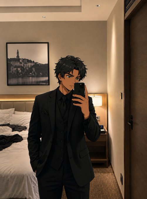 An anime-styled figure in a sharp black three-piece suit takes a mirror selfie in a dimly lit hotel room, holding a phone up to capture the shot. The polished, professional look fits the "gm" vibe of the post—dressed to impress while the creator preps to defend their 300L project and casually checks in on the $ansem update at $0.19.