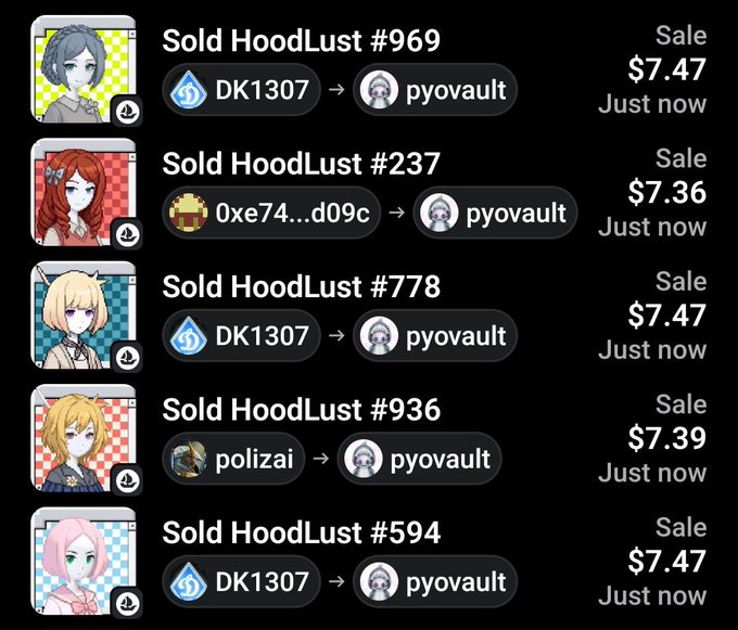 A list of NFT sales showing multiple 'Sold HoodLust' transactions with prices around $7.36-$7.47, all going to the buyer 'pyovault' from various sellers, marked 'Just now'.
