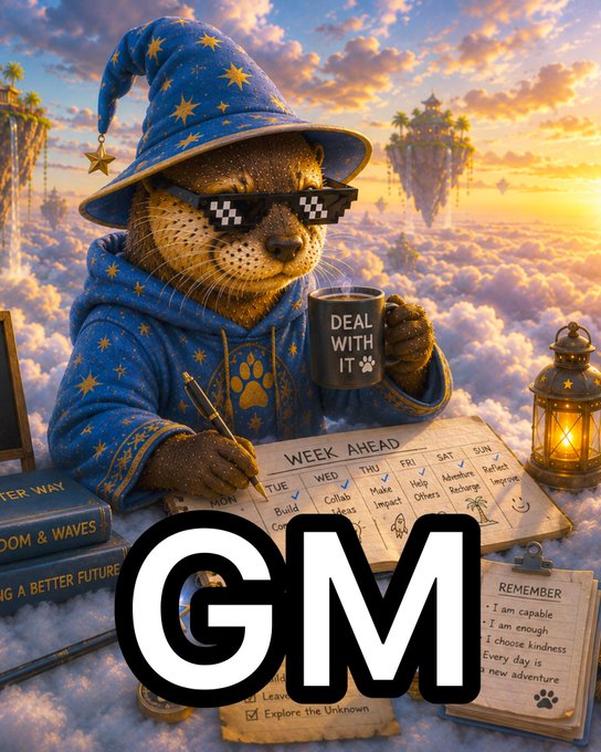 A whimsical illustration of an otter dressed as a wizard with 'deal with it' sunglasses, sitting on clouds with a weekly planner, alongside the letters 'GM'.