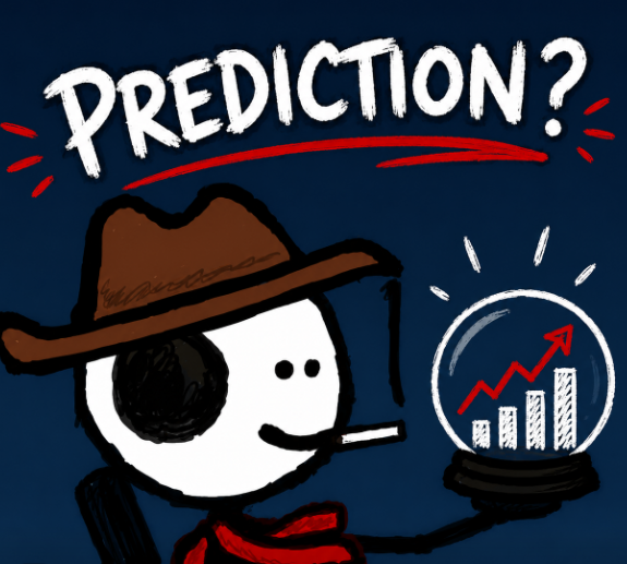 A cartoon character in a cowboy hat holds a crystal ball showing an upward trending chart, with the word "PREDICTION?" written above. The image visually reinforces the post's announcement about exploring a prediction market feature for their "ARC MFERS" project.