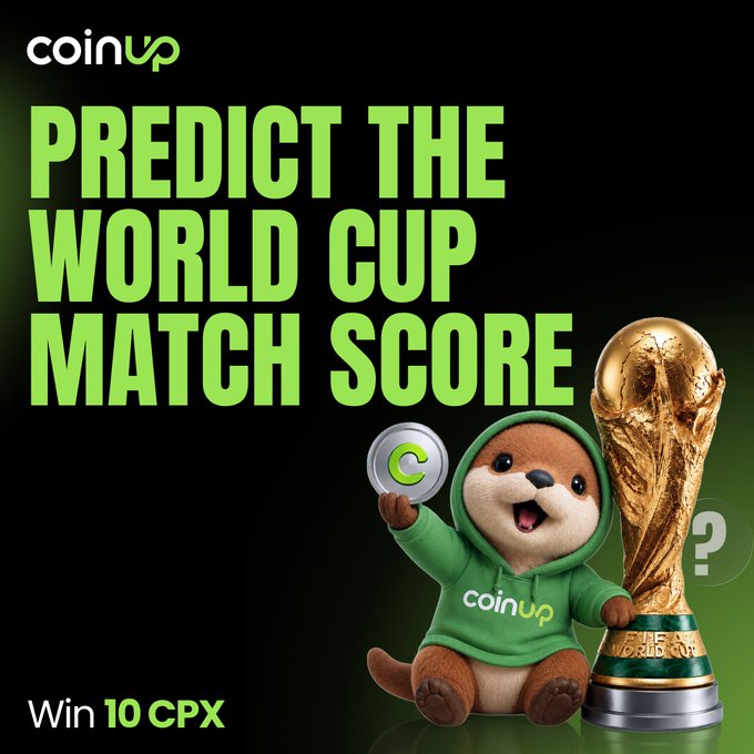 A promotional graphic by CoinUp invites users to predict the Portugal vs. Spain World Cup match score, featuring a cheerful otter mascot in a green CoinUp hoodie holding a CPX token beside the FIFA World Cup trophy, with text highlighting a prize of "Win 10 CPX."