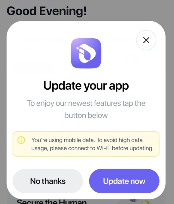A mobile app update prompt displays "Update your app" with a warning about mobile data usage, offering "No thanks" and "Update now" buttons beneath the InterLink app icon. The image aligns with the post's announcement of an upcoming InterLink app update featuring new features.