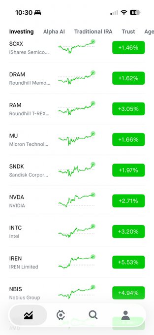 A Robinhood investing screenshot showing a portfolio of semiconductor tickers (SOXX, DRAM, RAM, MU, SNDK, NVDA, INTC, IREN, NBIS) all in positive territory, with Nebius Group (NBIS) up 4.94%—likely the "new ticker" referenced in the post that's already gained over 4%.