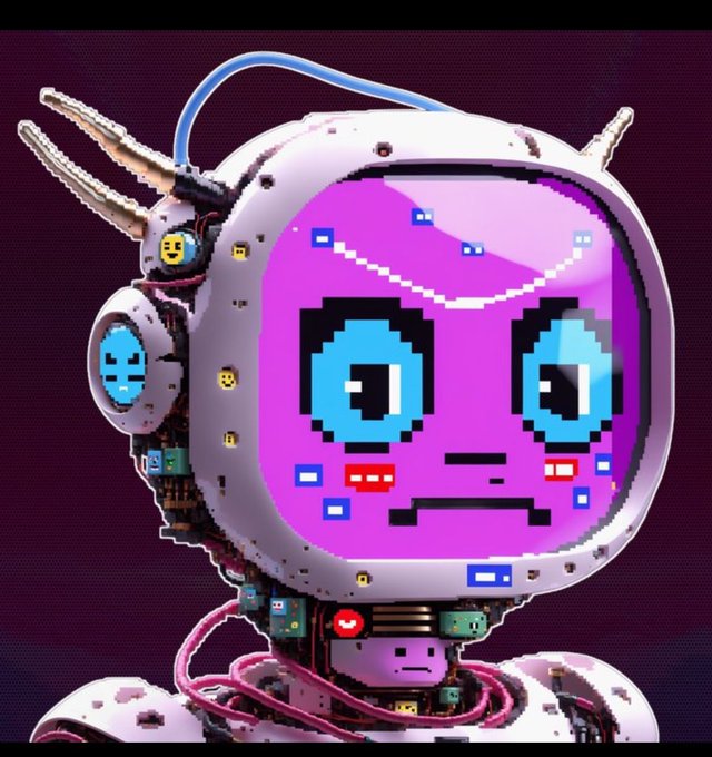 A stylized digital artwork of a robot with a purple pixelated face featuring large blue eyes, set against a dark purple background.