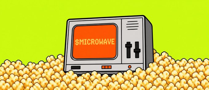 A cartoon illustration shows a microwave displaying '$MICROWAVE' surrounded by popcorn against a bright green background.