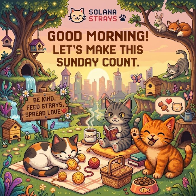 A colorful 'Solana Strays' illustration with the text 'GOOD MORNING! LET'S MAKE THIS SUNDAY COUNT' featuring cute cartoon cats, a sign reading 'BE KIND, FEED STRAYS, SPREAD LOVE', and a city skyline at sunset.
