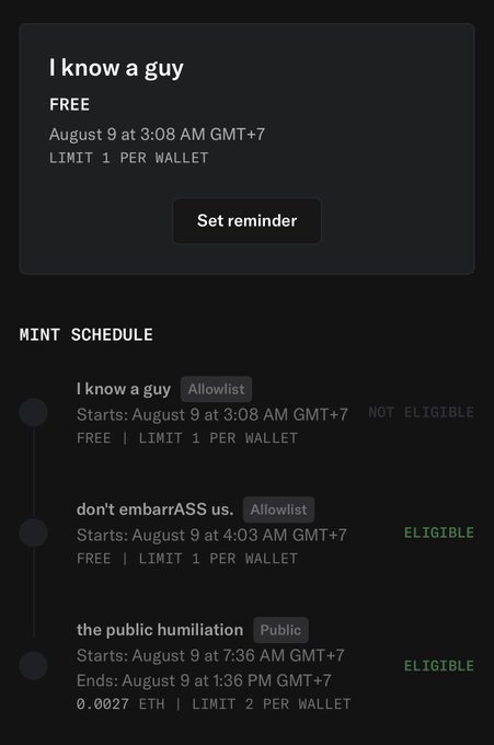 The image displays a mint schedule page from @888s_Society showing three tiers: "I know a guy" (Allowlist, August 9 at 3:08 AM GMT+7, NOT ELIGIBLE), "don't embarrASS us" (Allowlist, 4:03 AM GMT+7, ELIGIBLE), and "the public humiliation" (Public, 7:36 AM GMT+7, ending 1:36 PM, 0.0027 ETH, limit 2 per wallet, ELIGIBLE). The "Set reminder" button appears for the currently featured "I know a guy" phase, which aligns with the post's excitement about mint eligibility and anticipation for mint time.