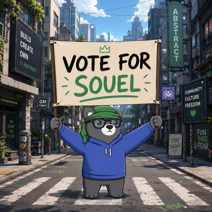 The image features a cartoon bear holding up a sign that says "Vote for Soul" while standing in an urban setting with buildings behind him. The text on the sign reads "Vote for Soul", which suggests that the bear might be advocating for a political or social cause related to the word "soul".