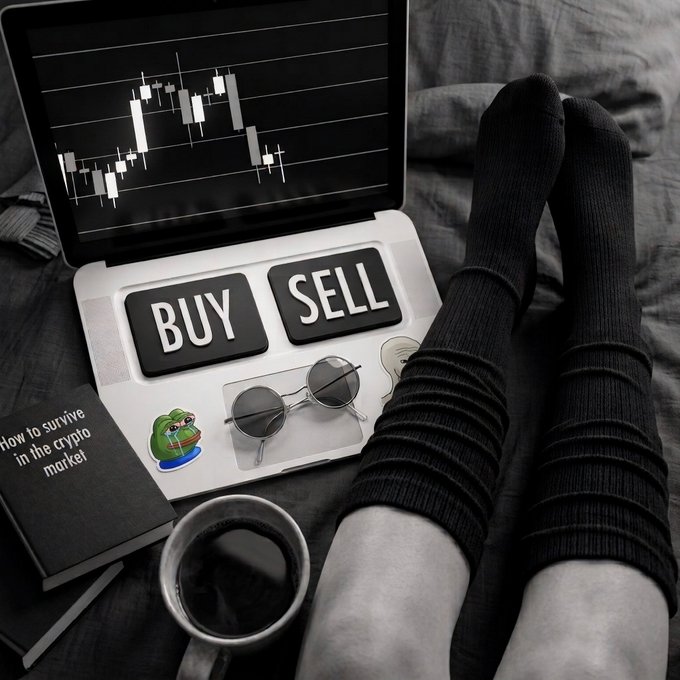 A black-and-white photo shows feet resting near a laptop displaying a candlestick chart, with a book titled 'How to survive in the crypto market' and large BUY and SELL keyboard keys.