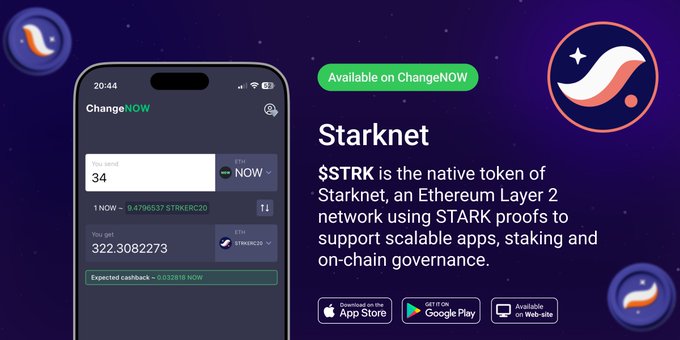The image shows an advertisement for a cryptocurrency called "STRK" that is native to the Ethereum network, as indicated by the text. The advertisement also mentions that the app has been released on ChangeNOW, which suggests that it was recently updated or launched. The image includes a cell phone displaying the app's interface and a website with more information about the app.