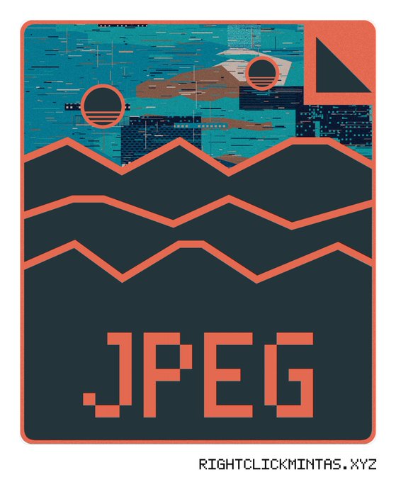 A retro-style pixel art graphic with mountain shapes and the text '.JPEG' from RIGHTCLICKMINTAS.XYZ.