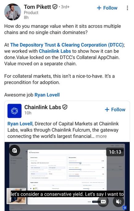 A LinkedIn post by Tom Pikett discussing how The Depository Trust & Clearing Corporation (DTCC) worked with Chainlink Labs to show how value can be moved on the DTCC's Collateral AppChain, featuring an embedded video by Ryan Lovell.