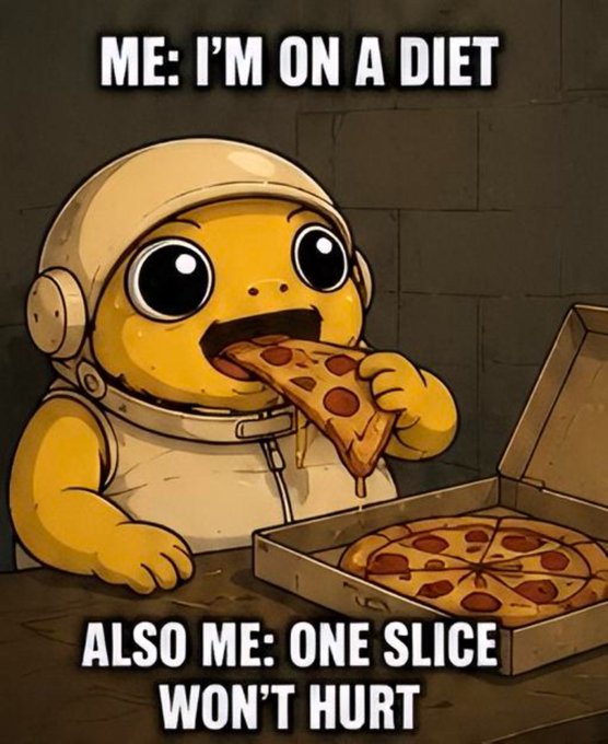 A meme featuring a cartoon turtle character eating pizza with text reading 'ME: I'M ON A DIET' at the top and 'ALSO ME: ONE SLICE WON'T HURT' at the bottom.