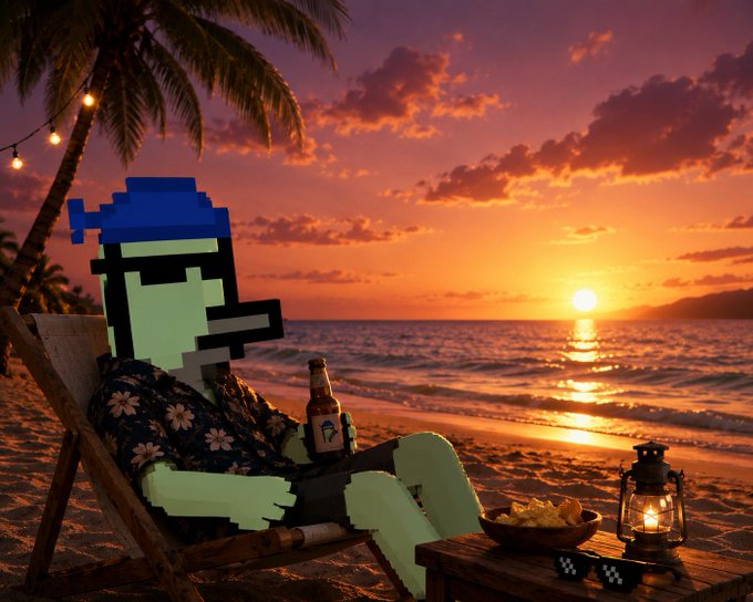 A pixel art style character with green skin and a blue hat, wearing a floral Hawaiian shirt, relaxing in a beach chair while holding a beer, accompanied by sunglasses, a lantern, and a bowl of snacks against a sunset ocean backdrop.