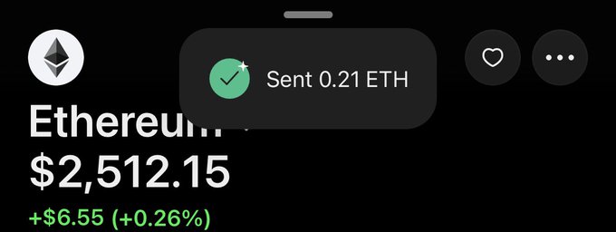 The image shows an Ethereum (ETH) coin profile on a crypto tracking app displaying a price of $2,512.15 (+$6.55, +0.26%), with a notification popup confirming a transaction of "Sent 0.21 ETH." This relates to the post about "dropping EVM wallets" by highlighting a recent Ethereum transaction, suggesting the user is moving away from their EVM-based wallet activity.