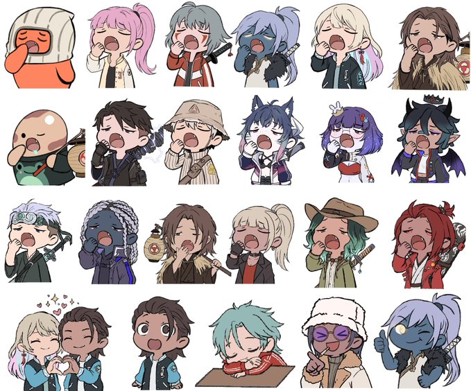 A collage of various anime and chibi-style character stickers showing people with open mouths, appearing to shout or yawn, arranged in a grid format.
