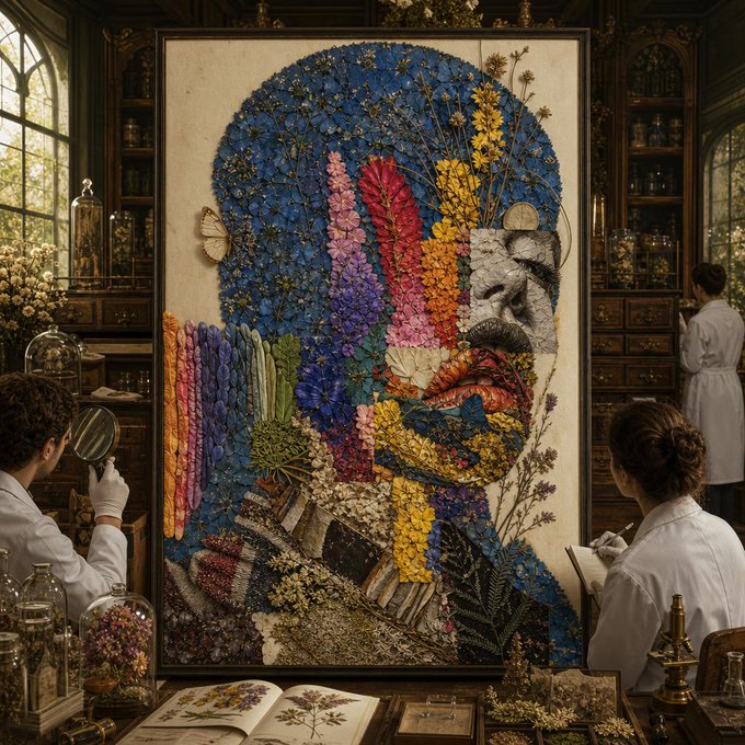 An elaborate floral mosaic artwork depicting a face, being carefully examined and restored by two researchers in white coats within a vintage, apothecary-style room filled with glass jars and antique wooden shelving.