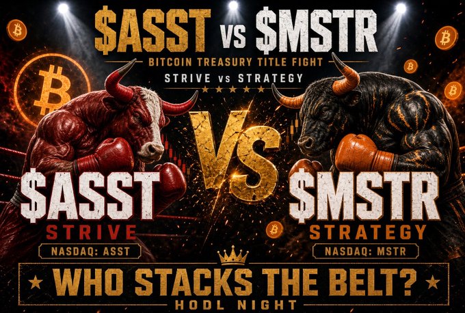 A promotional graphic titled '$ASST vs $MSTR BITCOIN TREASURY TITLE FIGHT STRIVE vs STRATEGY' featuring a bull and a bear wearing boxing gloves, asking 'WHO STACKS THE BELT?' for HODL NIGHT.