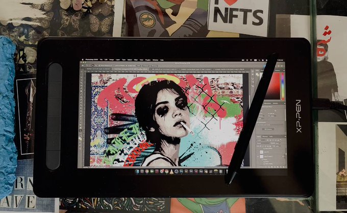 A digital tablet displaying an XP-Pen screen shows a vibrant, graffiti-style artwork of a woman with dramatic makeup and bold colors, with a stylus resting on the screen. The post reveals this is a sneak peek of an upcoming piece called "Still Standing," tying the creative artwork to the artist’s tease of a new drop on Taco/Tez Tuesday.