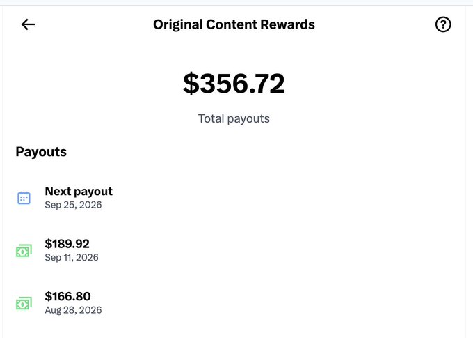 A screenshot of an 'Original Content Rewards' page showing $356.72 total payouts, with a next payout scheduled for Sep 25, 2026, plus previous payouts of $189.92 (Sep 11, 2026) and $166.80 (Aug 28, 2026).