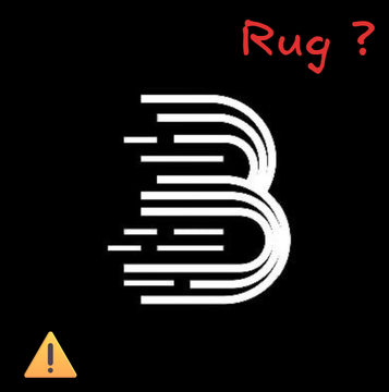 A stylized "B" logo is shown with horizontal lines creating a glitch or tearing effect through it, accompanied by the red text "Rug?" above and an orange warning triangle below, visually questioning whether BitMart has rugged its users as alleged in the post.