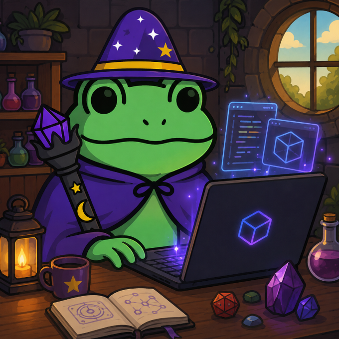 A digital illustration of a green frog dressed as a wizard in a purple hat and robe, sitting at a desk with a laptop displaying a 3D cube, surrounded by potions, an open spellbook, and polyhedral dice.