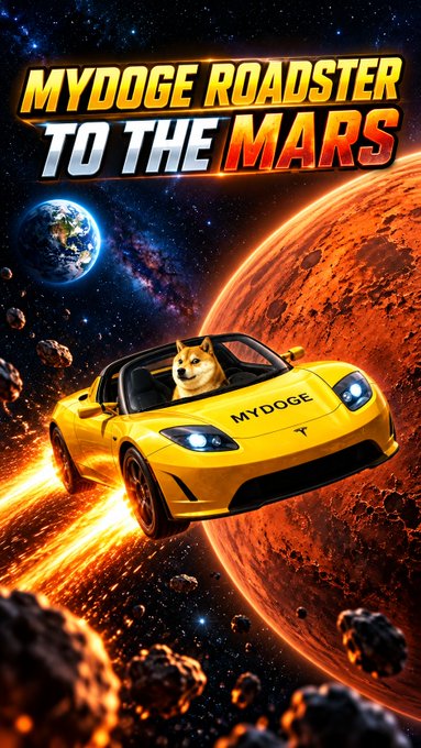A promotional poster titled 'MYDOGE ROADSTER TO THE MARS' depicts a Shiba Inu dog driving a yellow convertible Tesla roadster through space near Earth and Mars.