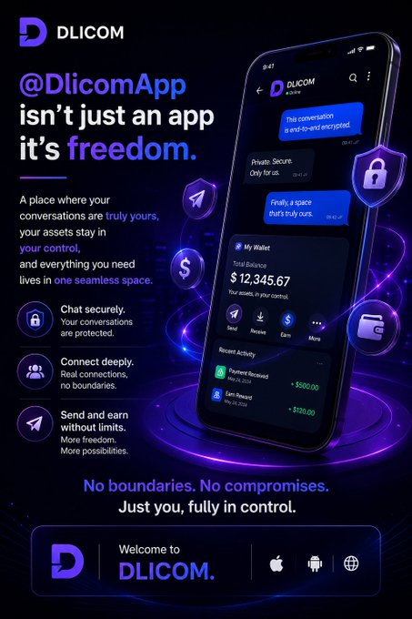 The image features a black smartphone with a purple background, displaying an advertisement for a new app called "DLICOM App". The text on the phone screen reads "Your data. Your assets. Your rules. That's the DLICOM difference. A place where privacy meets opportunity and every connection has value." This message emphasizes the app's focus on privacy and security while still providing opportunities to connect with others, earn money, and share information securely. The post also mentions that the app is available for download at "Dlicom App".