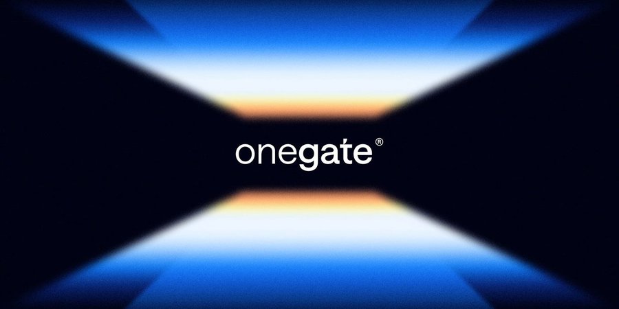 A dark, cinematic graphic with the word 'onegate®' in white text centered on a blue and black background with a horizon-like light effect.