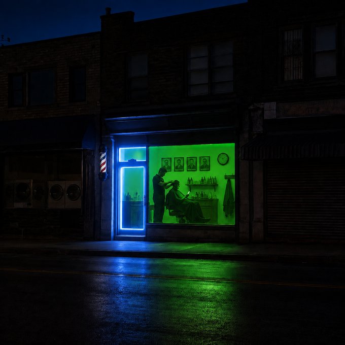 A barbershop glows vividly with blue neon and green lighting at night, where a barber is silhouetted styling a customer's hair, with a "BARBER" pole visible to the left. The eerie, cinematic scene perfectly captures the ominous warning of the post—suggesting that once you step into this neon-lit chair, subtle questions about "coins" may signal something far more sinister than a simple haircut.