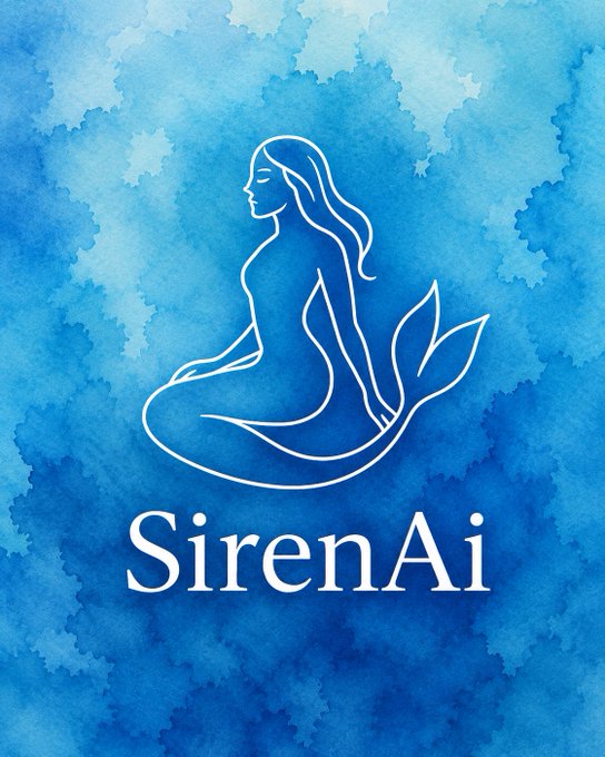 The image features a watercolor painting that shows an illustration of a mermaid sitting at the bottom center with her hands resting on her lap. The watercolor background has blue tones, giving the artwork a dreamy atmosphere. Above the mermaid is the phrase "SirenAi" written in white letters, indicating the theme or concept behind this unique piece of art.