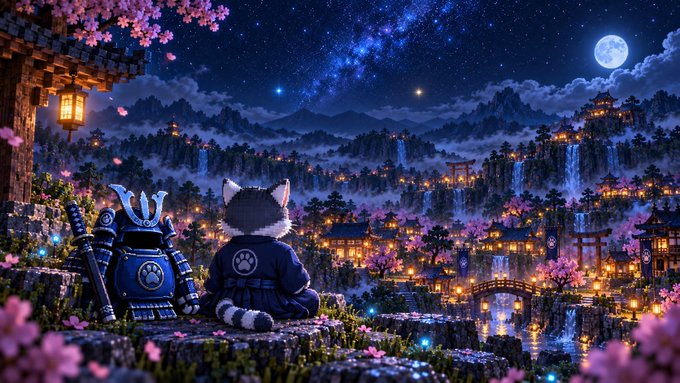 A pixel art style illustration of a samurai cat and a blue mech sitting on a cliffside, overlooking a glowing Japanese-inspired village at night under a starry sky with a full moon.