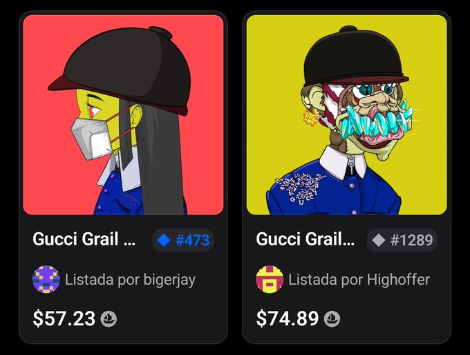 Two NFT listings for 'Gucci Grail' collections: #473 listed at $57.23 by bigerjay, and #1289 listed at $74.89 by Highhoffer, featuring digital art characters wearing riding helmets.
