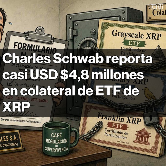 Spanish-language news graphic titled 'Charles Schwab reporta casi USD $4,8 millones en colateral de ETF de XRP', showing a safe with documents labeled 'Grayscale XRP ETF', 'Canary XRP', and 'Franklin XRP ETF', plus a coffee mug reading 'CAFÉ = REGULACIÓN = SUPERVIVENCIA'.