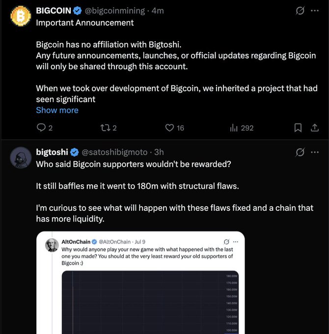 The image shows two crypto-related tweets: one from @bigcoinmining (BIGCOIN) stating "Bigcoin has no affiliation with Bigtoshi" and announcing it took over the project's development, and another from @satoshibigmoto (bigtoshi) referencing "Bigcoin supporters" and mentioning a $180m market cap with "structural flaws" being fixed, alongside a quoted tweet from @AltOnChain questioning the new game's treatment of old Bigcoin supporters. The tweets relate to the algo's activity by highlighting ongoing controversy and engagement around crypto projects being algorithmically surfaced to users interested in altcoin drama.