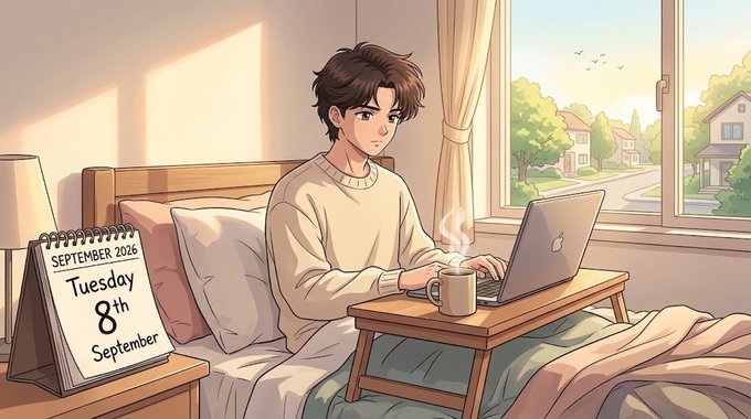 An anime-style illustration of a young man in a cream sweater working on a laptop while sitting in bed, accompanied by a calendar reading 'September 2026 Tuesday 8th September'.