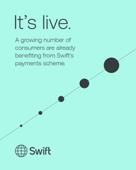 **Image caption:** A teal promotional graphic featuring the Swift logo and headline "It's live," with an upward-trending dotted line illustrating growth, alongside text stating, "A growing number of consumers are already benefiting from Swift's payments scheme."

**Relationship to the post:** The post references a 14% growth figure and tags $XRP, likely in the context of Ripples/XRP's involvement with Swift's payments infrastructure. The image supports this by visually reinforcing Swift's expanding adoption and the upward growth trend of its payments ecosystem.