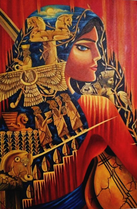 A colorful, stylized painting depicts a woman in red holding a cello-like stringed instrument, surrounded by ancient Persian/Zoroastrian motifs including the Faravahar winged symbol and other figures.